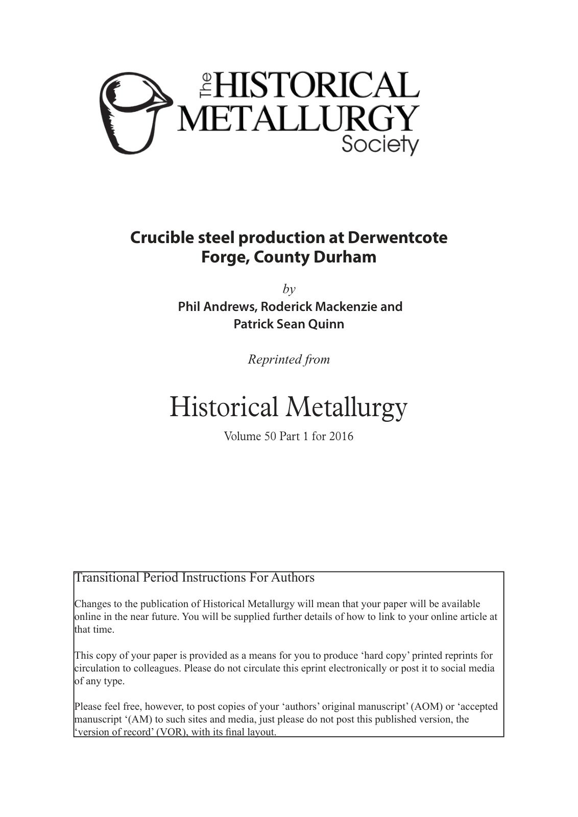 First page of Crucible steel production at Derwentcote