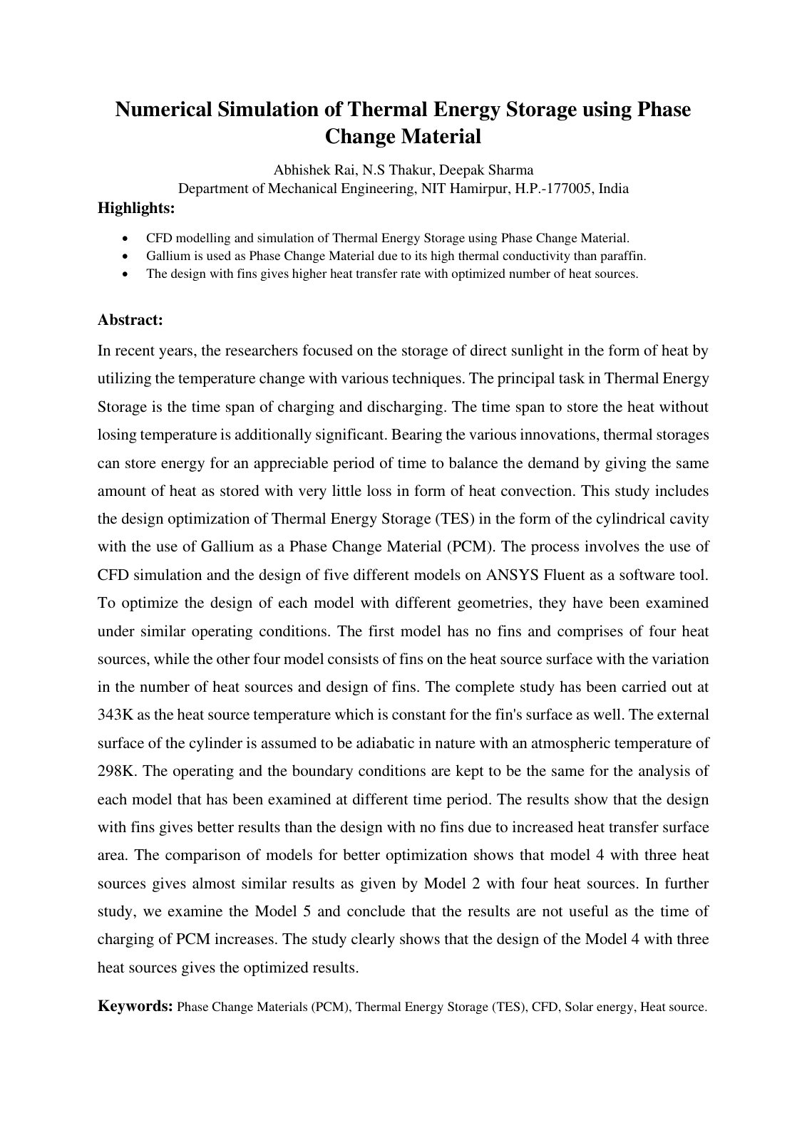 First page of Numerical Simulation of Thermal Energy Storage using Phase