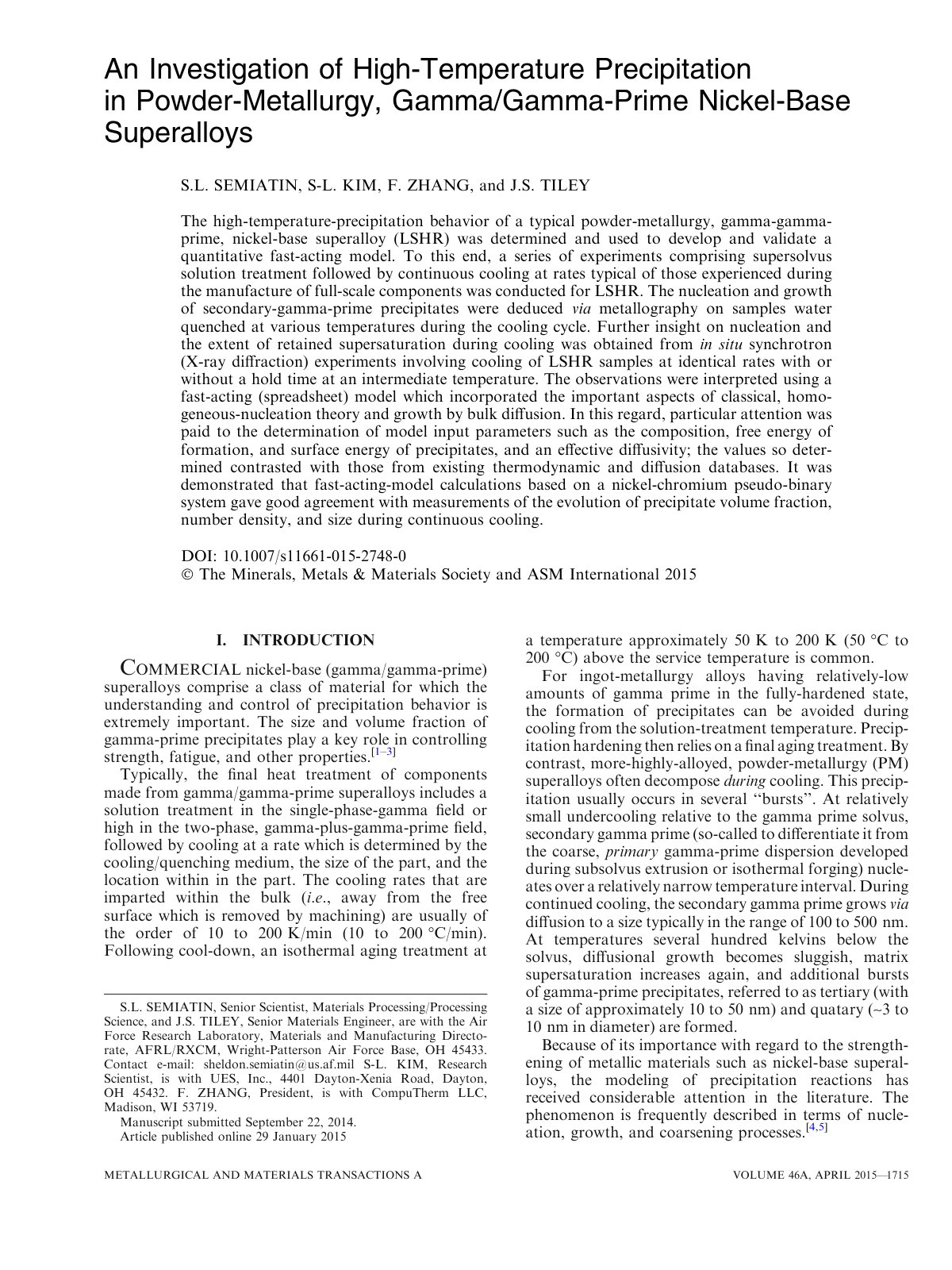 First page of An Investigation of High-Temperature Precipitation in Powder-Metallurgy, Gamma/Gamma-Prime Nickel-Base Superalloys