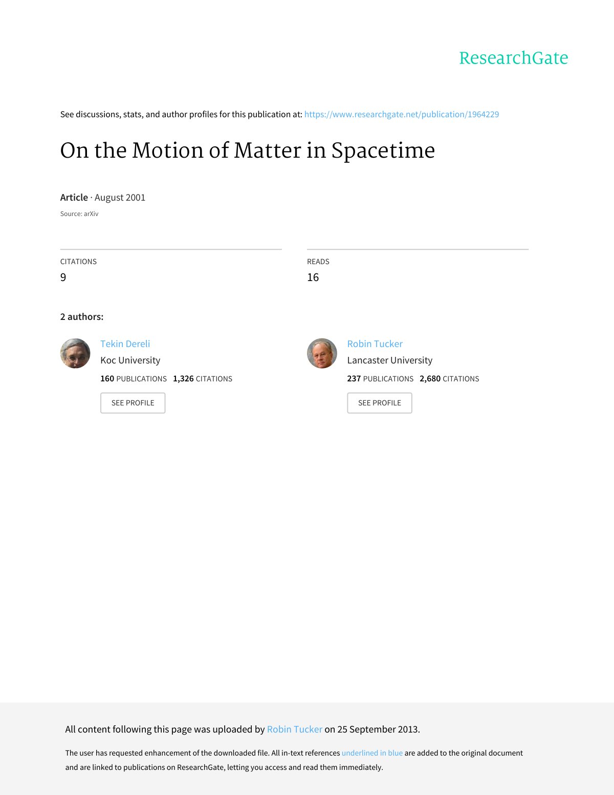 First page of On the Motion of Matter in Spacetime