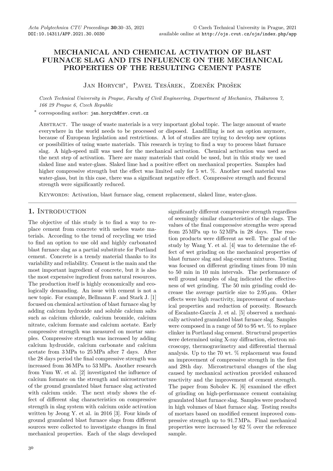 First page of MECHANICAL AND CHEMICAL ACTIV A TION OF BLAST FURNACE SLAG AND ITS INFLUENCE ON THE MECHANICAL PROPER TIES OF THE RESUL TING CEMENT P ASTE