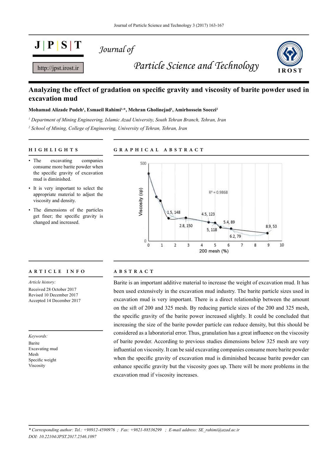First page of Analyzing the effect of gradation on specific gravity and viscosity of barite powder used in excavation mud