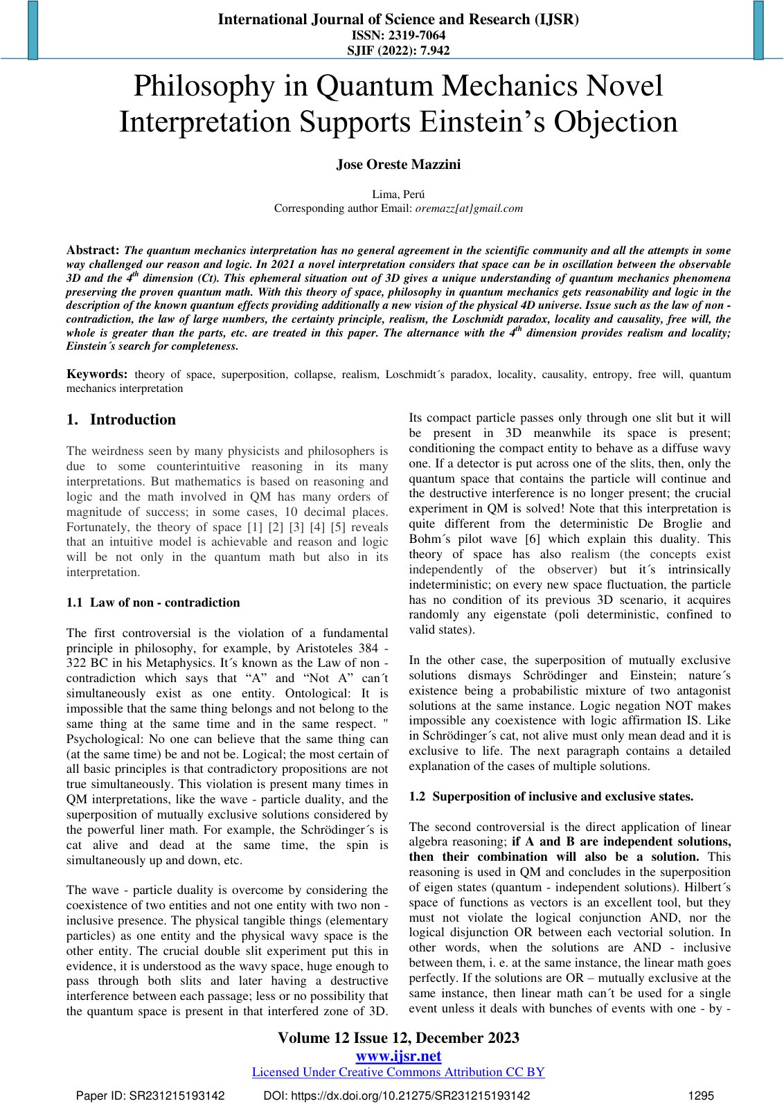 First page of Philosophy in Quantum Mechanics Novel In