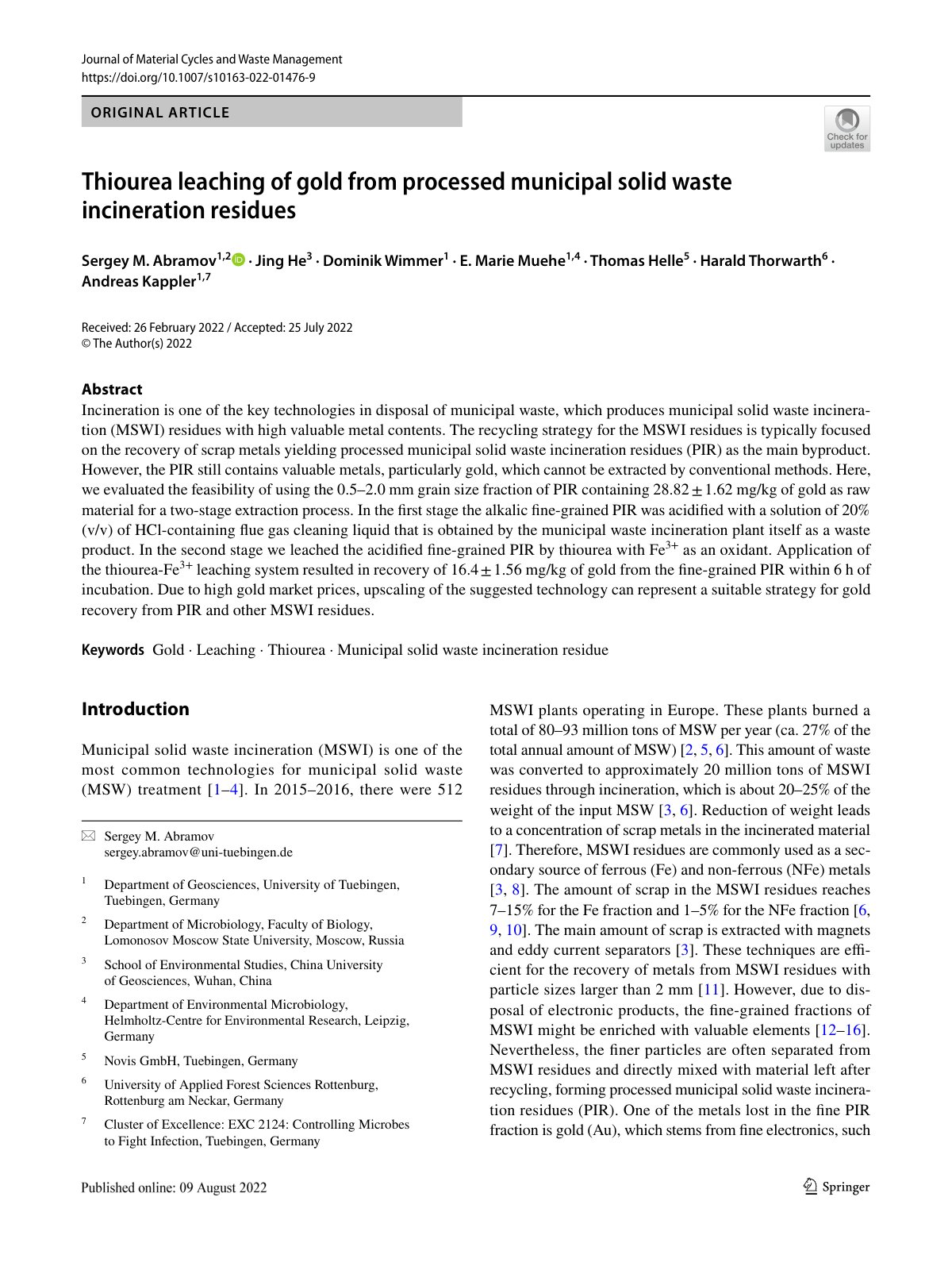 First page of Thiourea leaching of gold from processed