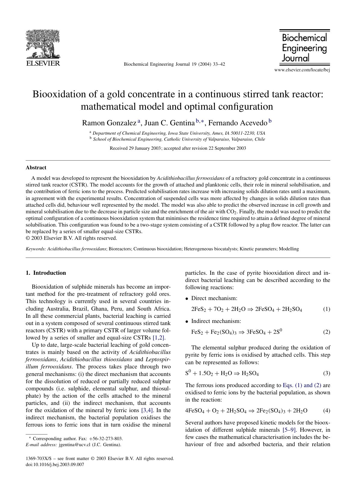 First page of Biooxidation of a gold concentrate in a