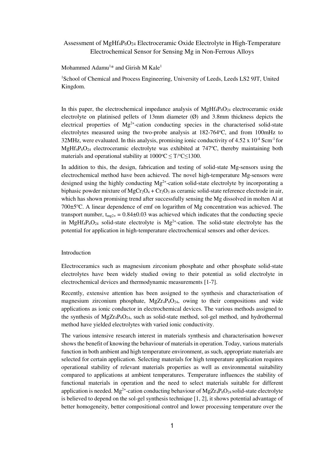 First page of Assessment of MgHf4P6O24 Electroceramic