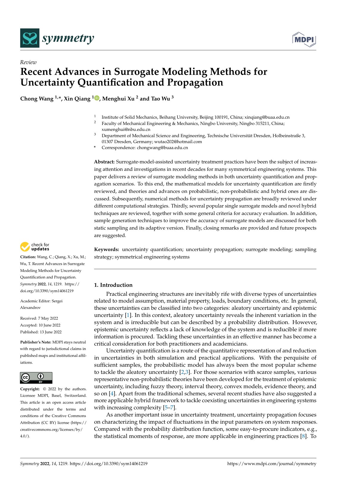 First page of Recent Advances in Surrogate Modeling Methods for Uncertainty Quantification and Propagation