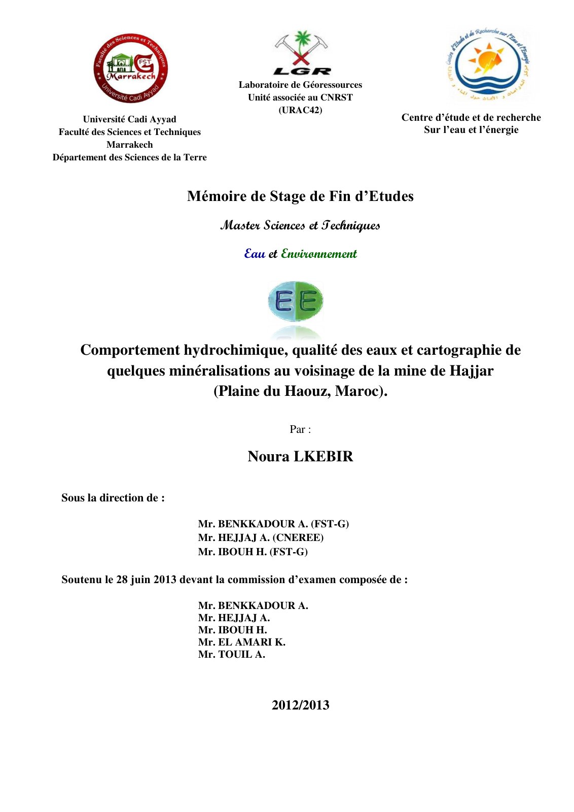 First page of Comportement hydrochimique, qualité des eaux et cartographie de quelques minéralisations au voisinage de la mine de Hajjar (Plaine du Haouz, Maroc)