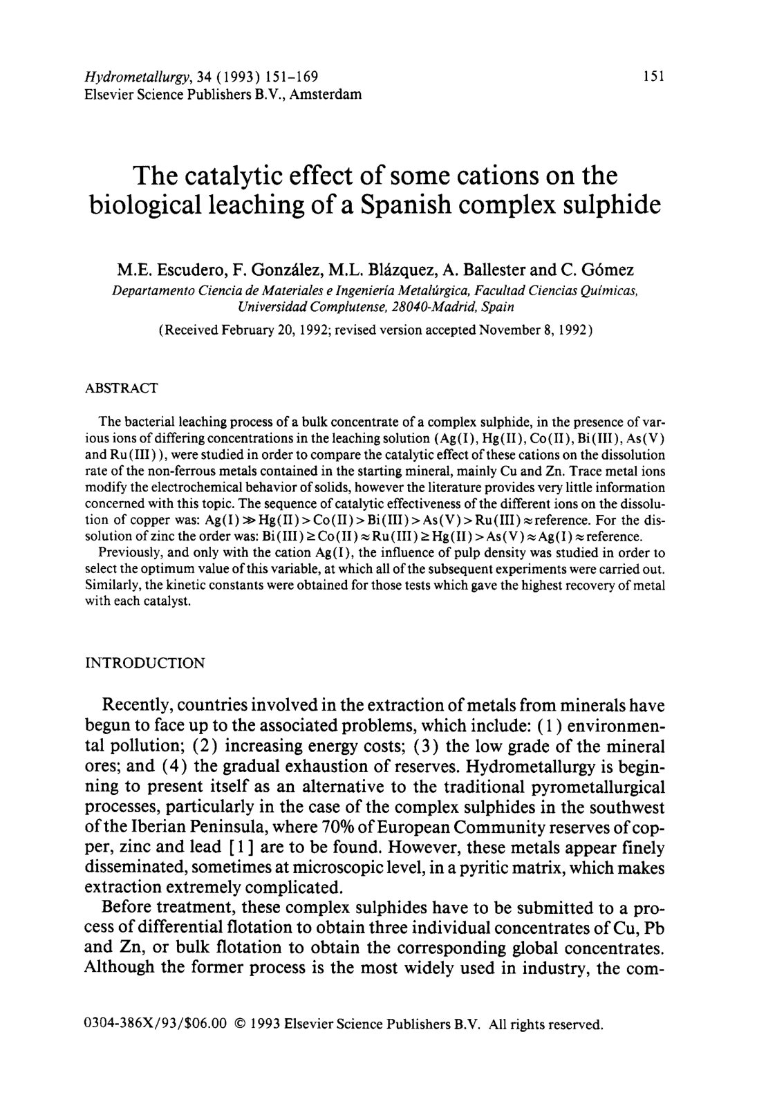 First page of The catalytic effect of some cations on the biological leaching of a Spanish complex sulphide