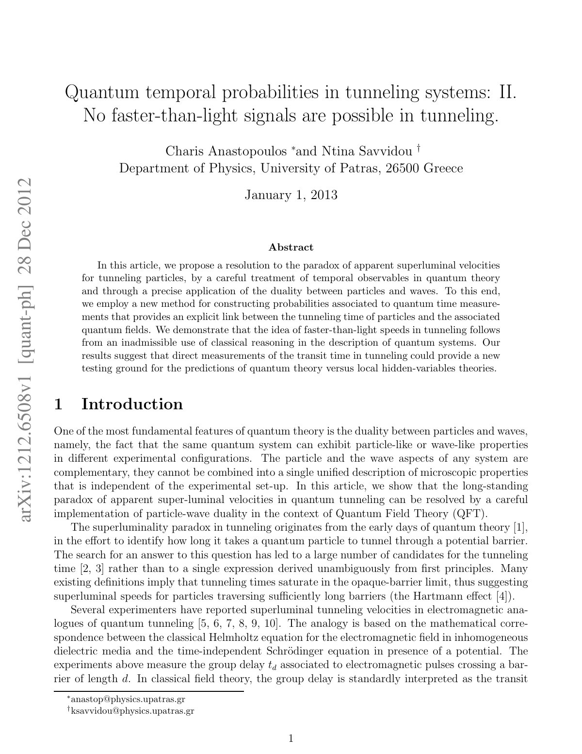 First page of Quantum temporal probabilities in tunnel