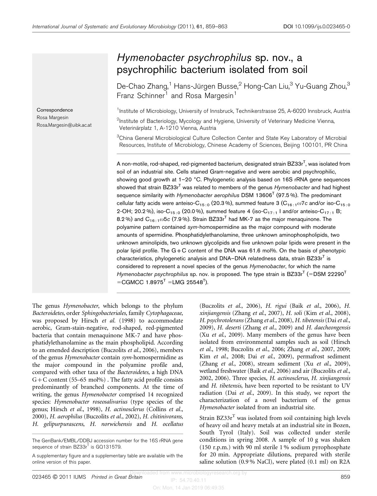 First page of Hymenobacter psychrophilus sp. nov., a psychrophilic bacterium isolated from soil