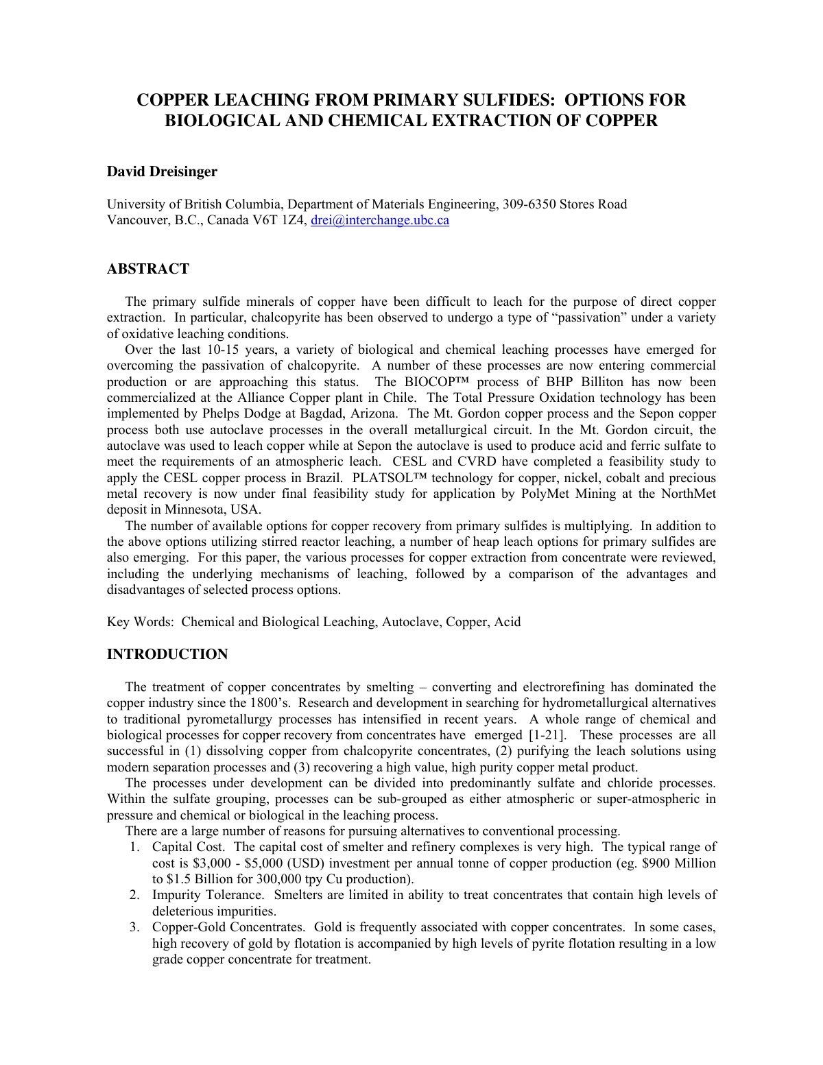 First page of COPPER LEACHING FROM PRIMARY SULFIDES:  OPTIONS FOR BIOLOGICAL AND CHEMICAL EXTRACTION OF COPPER