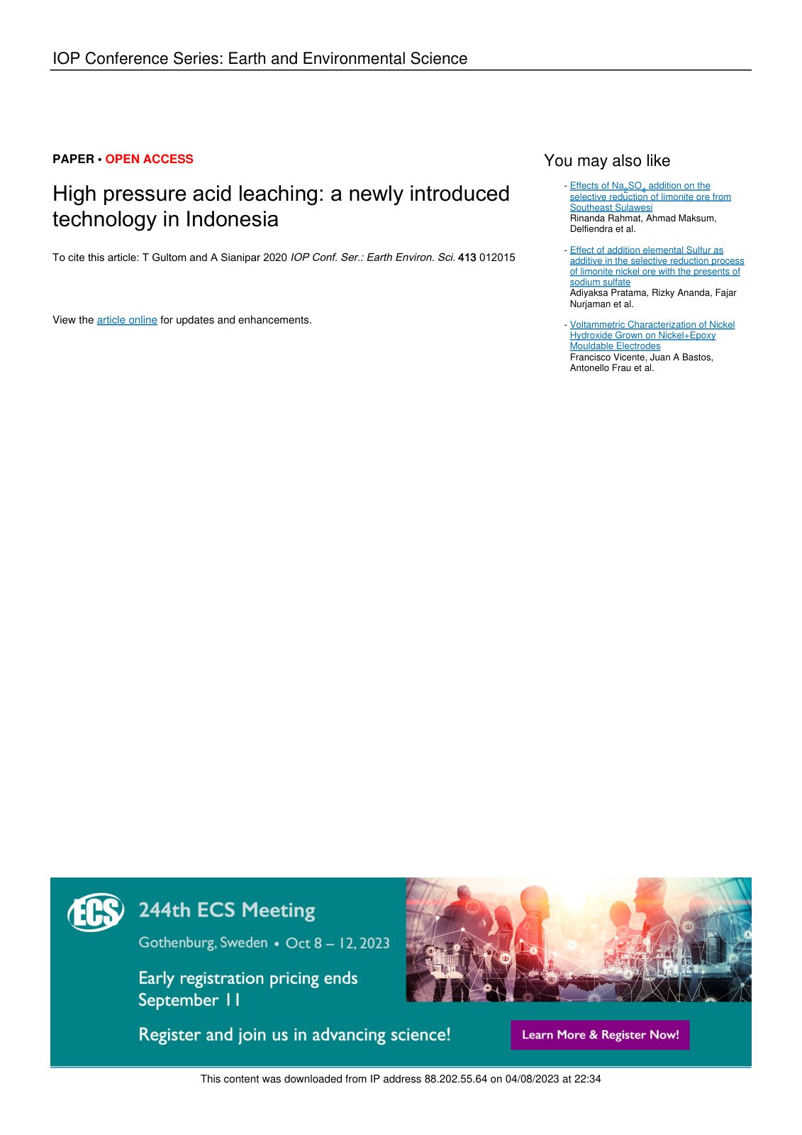 First page of Gultom 2020 IOP Conf. Ser.  Earth Environ. Sci. 413 012015
