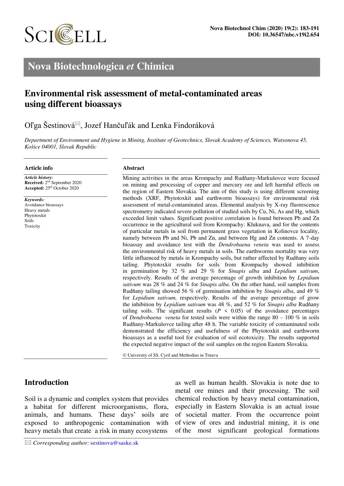 First page of Environmental risk assessment of metal-contaminated areas using different bioassays