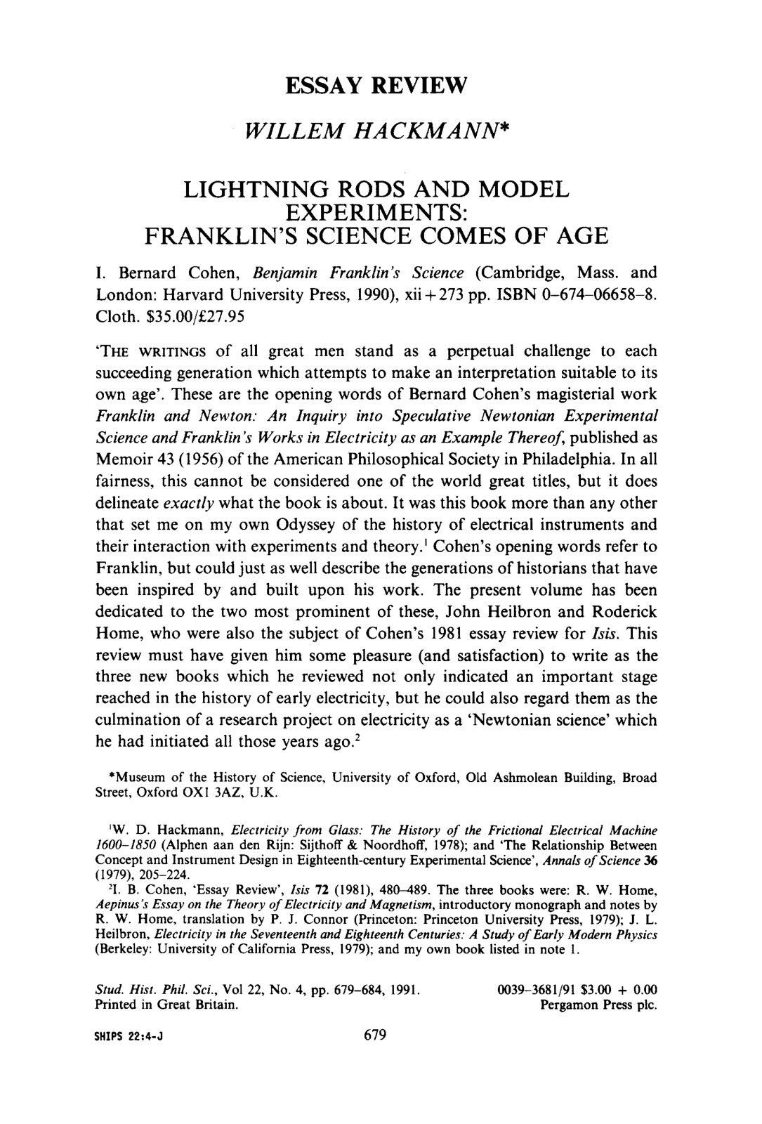 First page of LIGHTNING RODS AND MODEL EXPERIMENTS: FRANKLIN'S SCIENCE COMES OF AGE