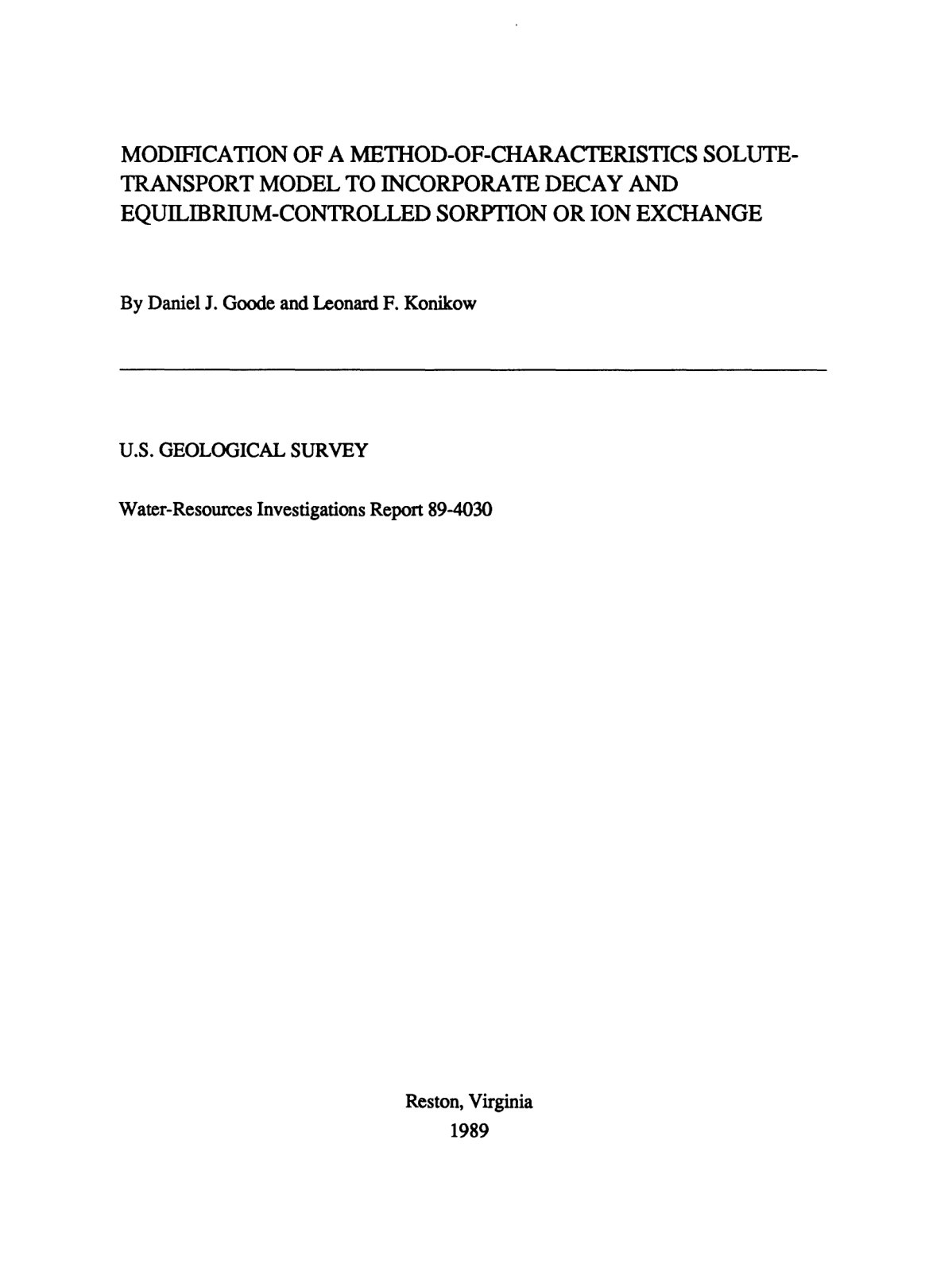First page of MODIFICATION OF A METHOD-OF-CHARACTERISTICS SOLUTE-TRANSPORT MODEL TO INCORPORATE DECAY AND EQUILIBRIUM-CONTROLLED SORPTION OR ION EXCHANGE
