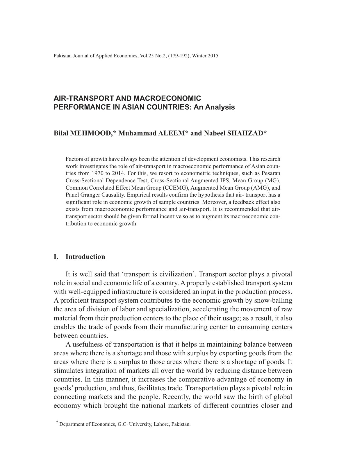 First page of AIR-TRANSPORT AND MACROECONOMIC PERFORMANCE IN ASIAN COUNTRIES: An Analysis
