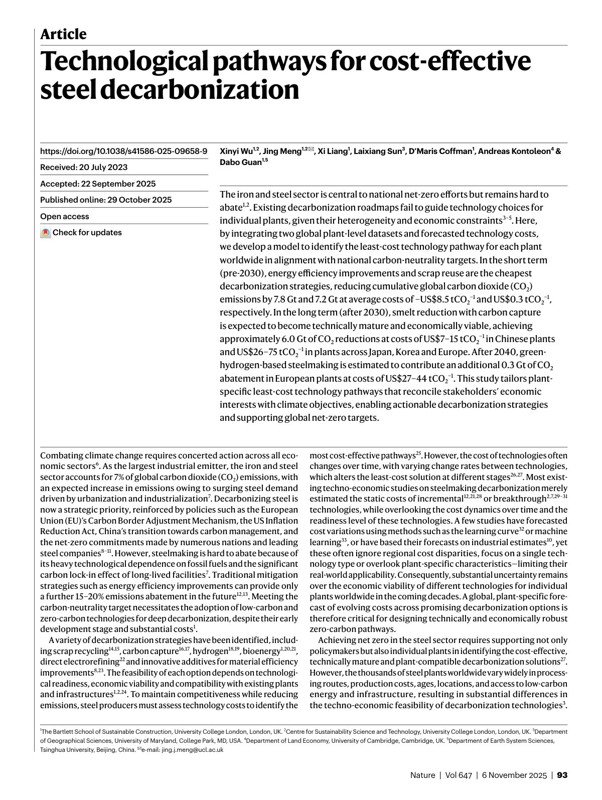 First page of Technological pathways for cost-effective steel decarbonization