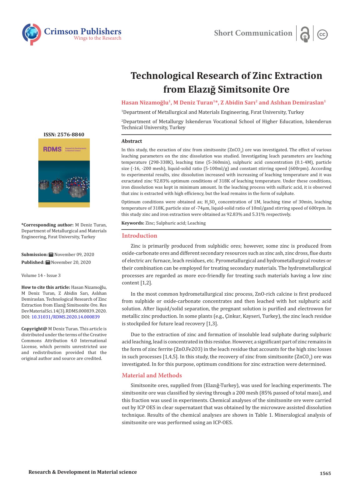 First page of Technological Research of Zinc Extraction from Elazığ Simitsonite Ore