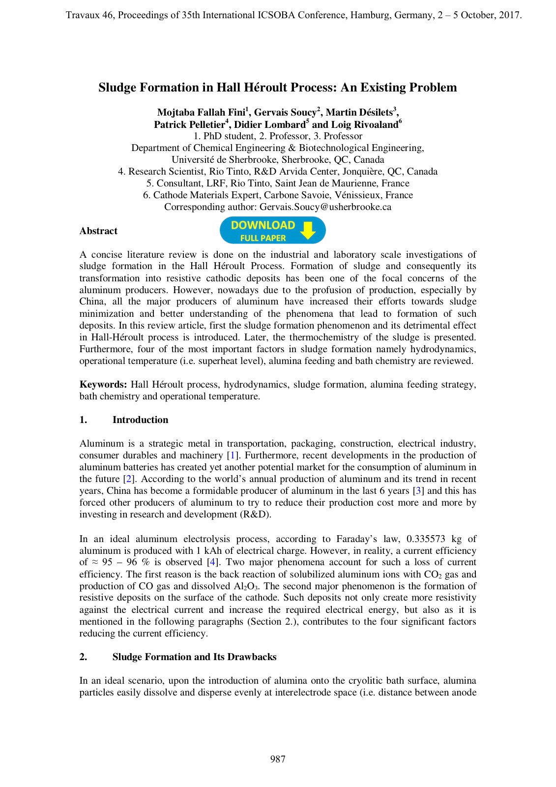 First page of Sludge Formation in Hall Héroult Process: An Existing Problem