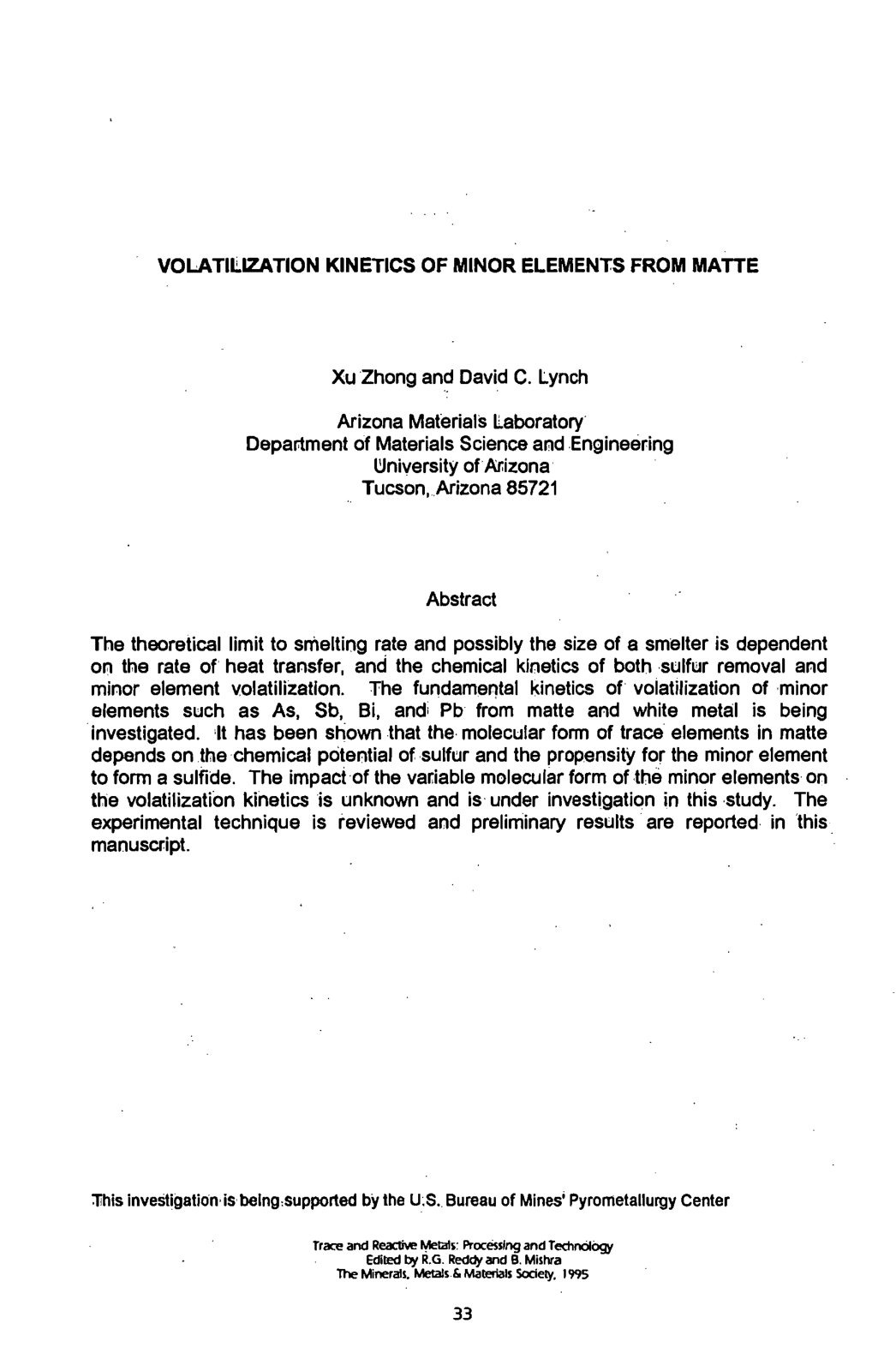 First page of VOLATILIZATION KINETICS OF MINOR ELEMENTS FROM MATTE