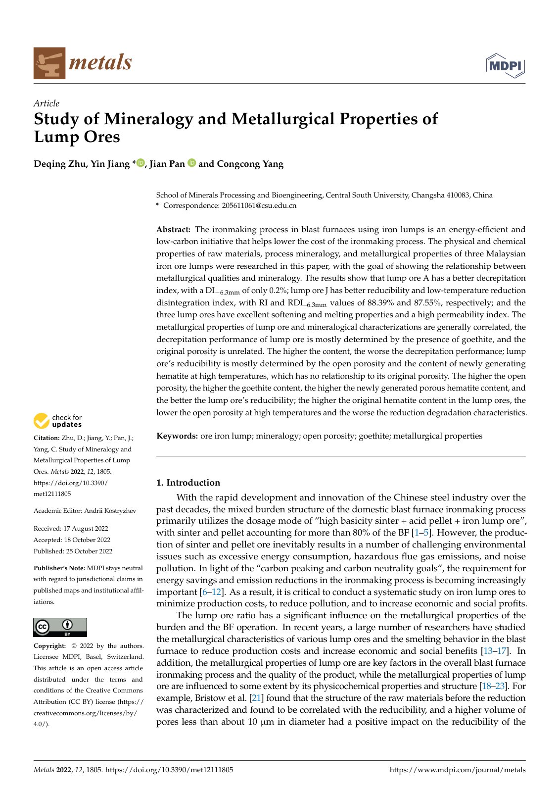 First page of Study of Mineralogy and Metallurgical Properties of Lump Ores