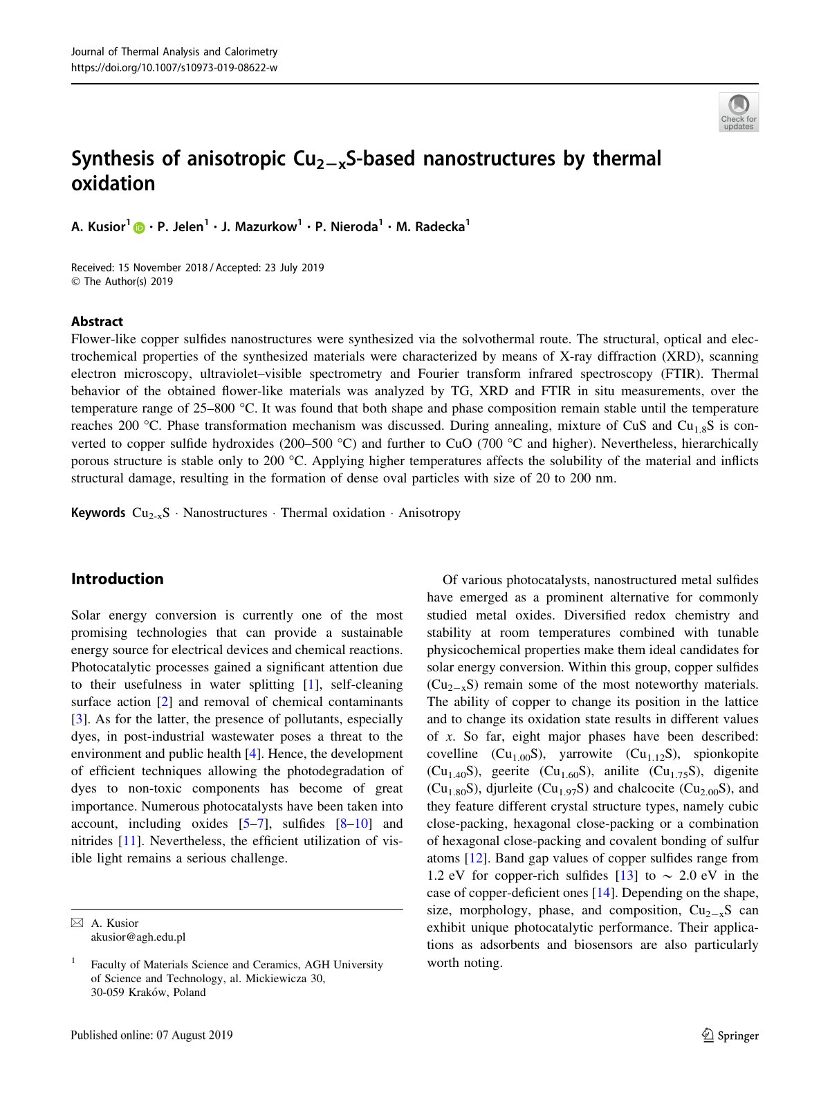 First page of Synthesis of anisotropic Cu2 xS based na