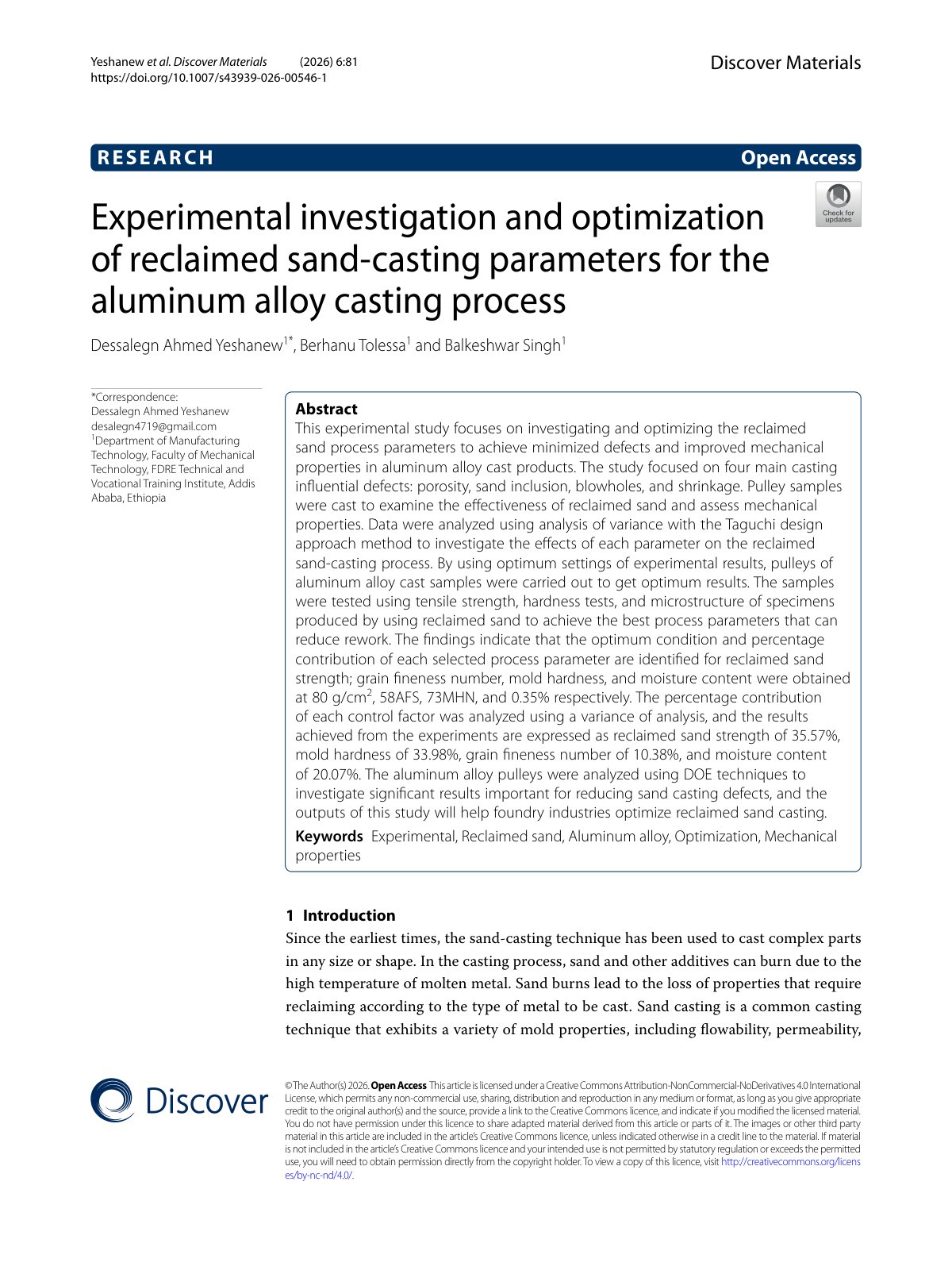 First page of Experimental investigation and optimization of reclaimed sand-casting parameters for the aluminum alloy casting process