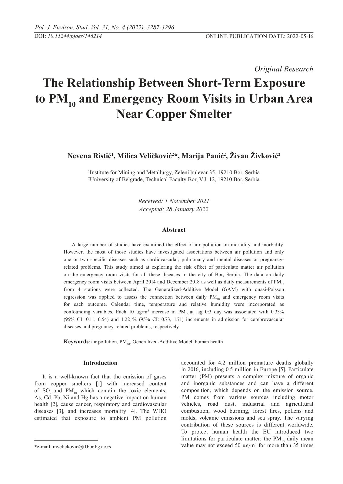 First page of The Relationship Between Short-Term Exposure to PM10 and Emergency Room Visits in Urban Area Near Copper Smelter