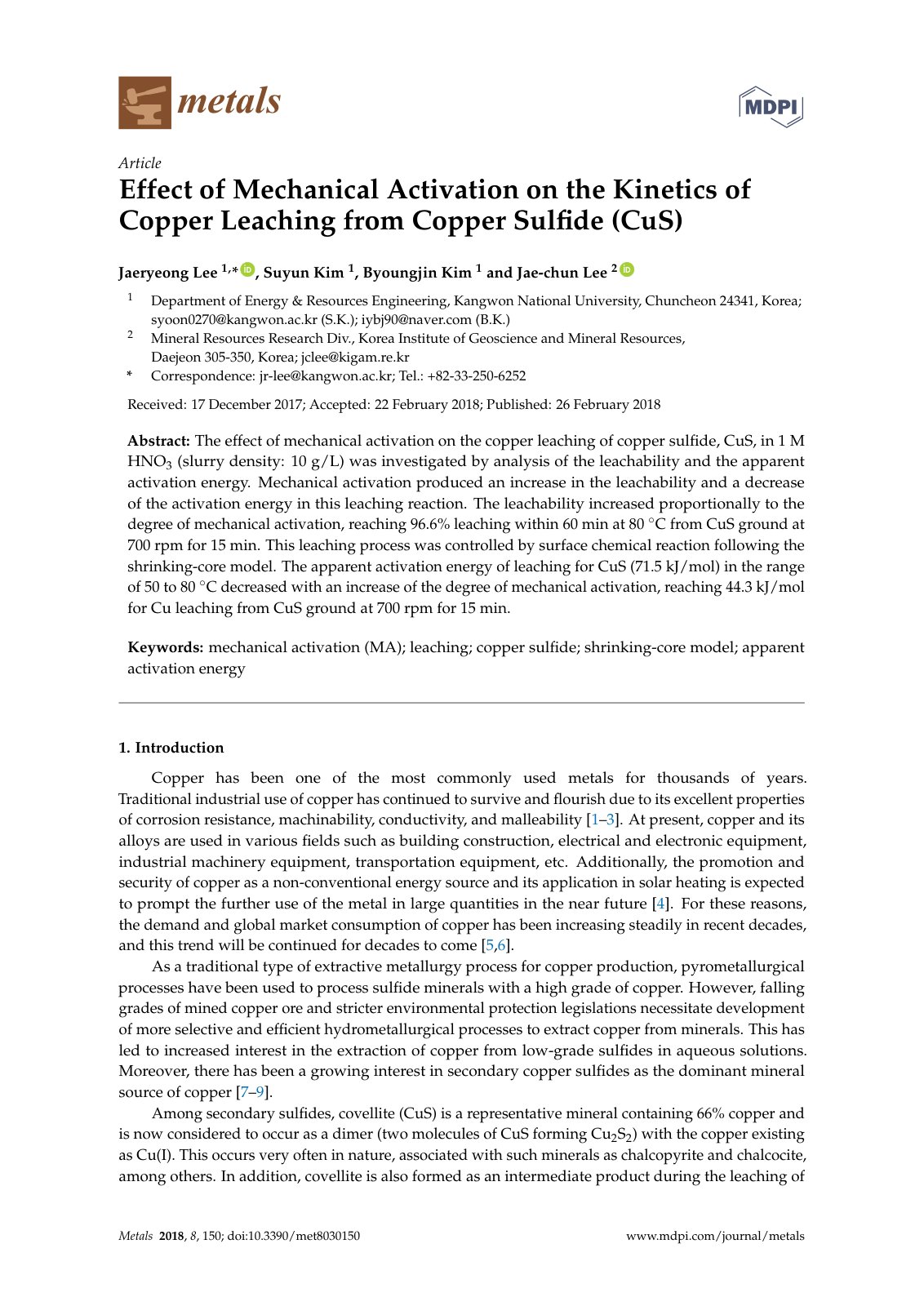 First page of Effect of Mechanical Activation on the Kinetics of Copper Leaching from Copper Sulﬁde (CuS)