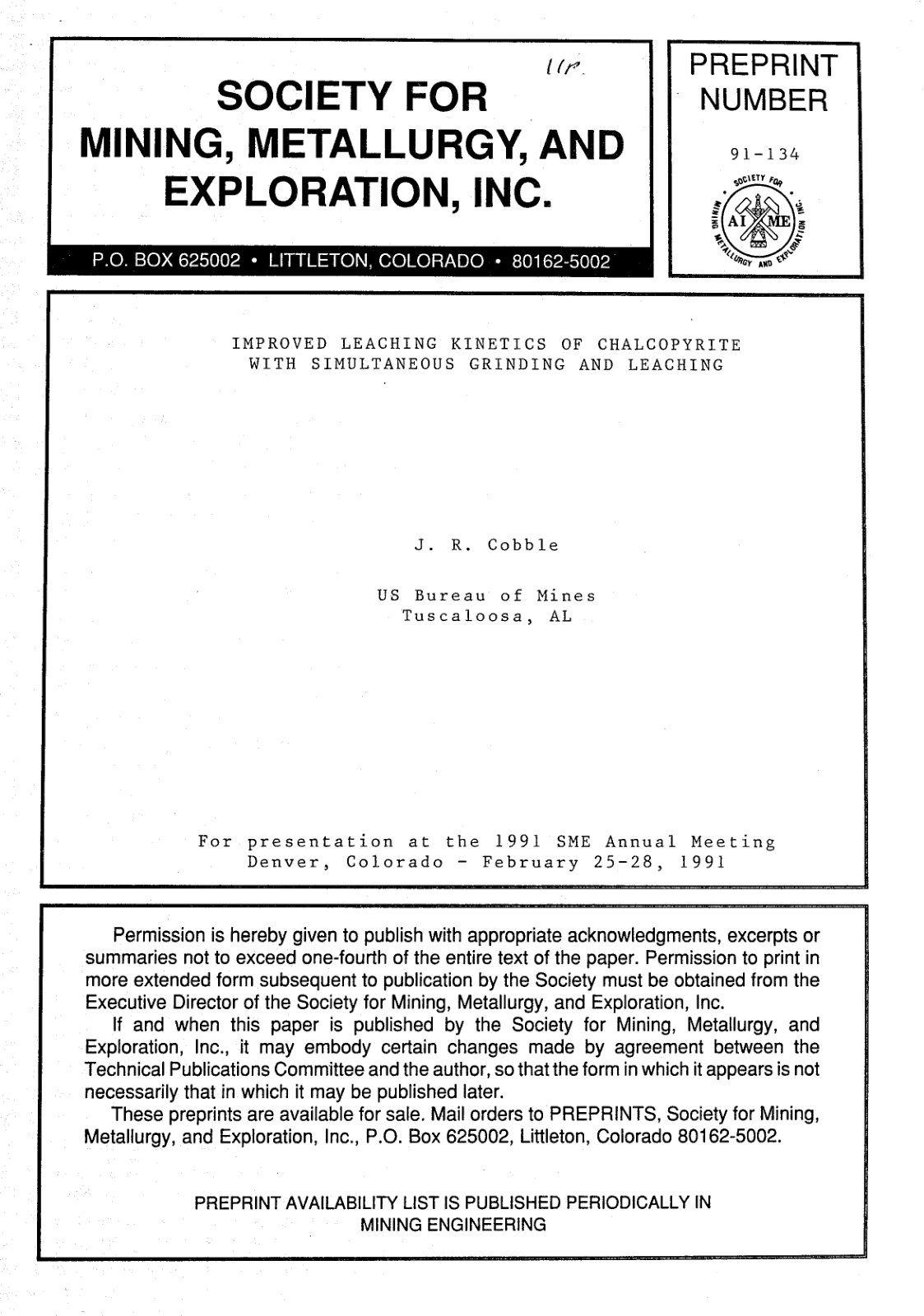 First page of IMPROVED LEACHING KINETICS OF CHALCOPYRITE WITH SIMULTANEOUS GRINDING AND LEACHING