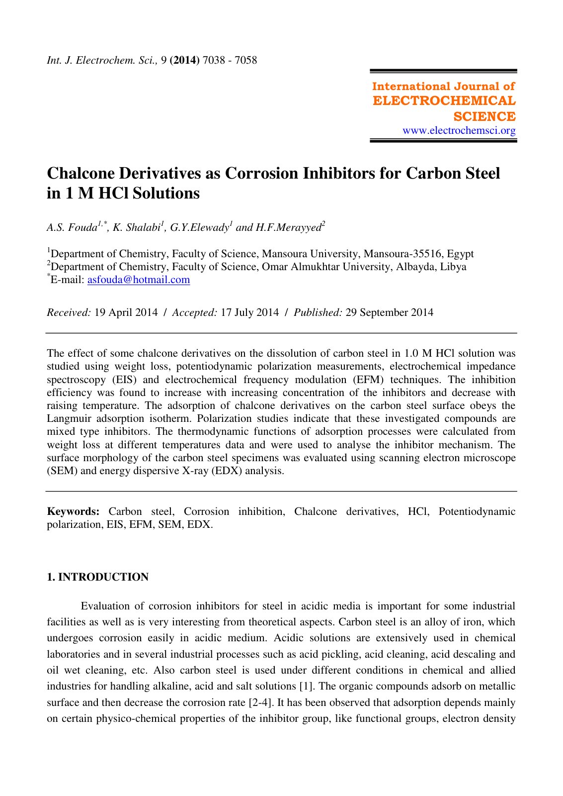 First page of Chalcone Derivatives as Corrosion Inhibitors for Carbon Steel in 1 M HCl Solutions