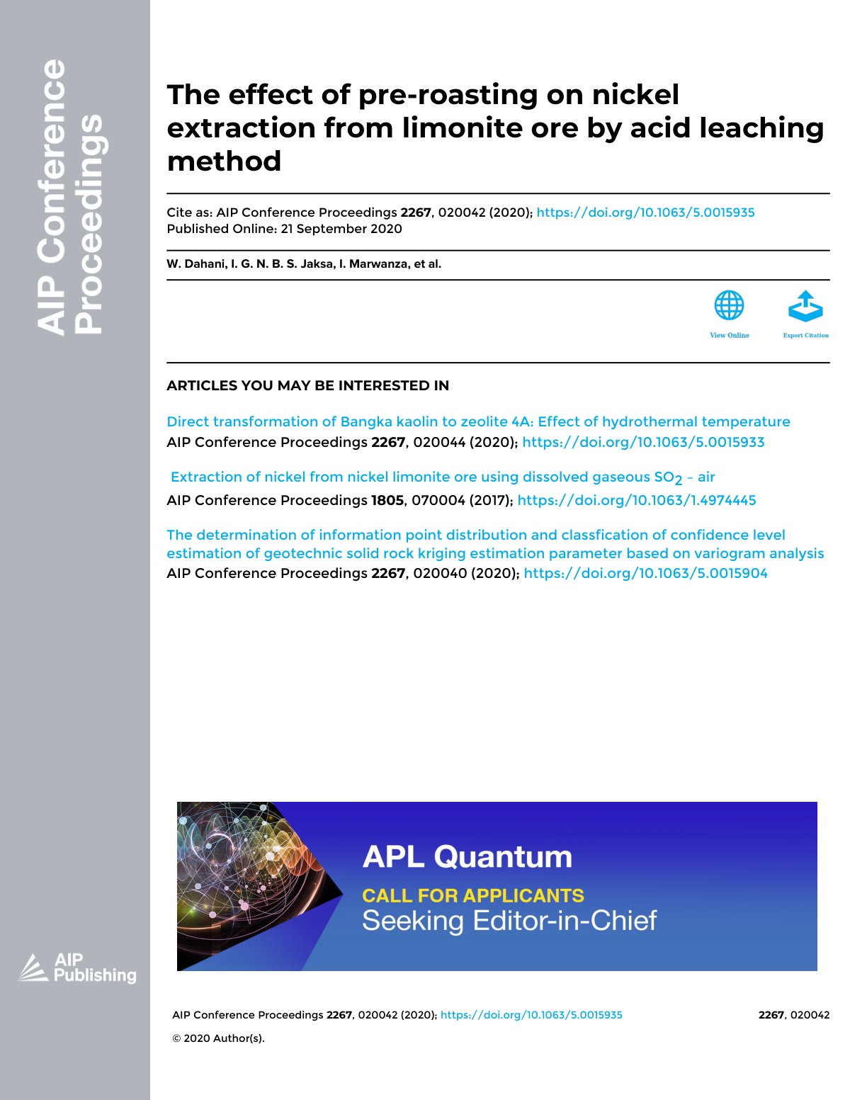 First page of The effect of pre-roasting on nickel extraction from limonite ore by acid leaching method