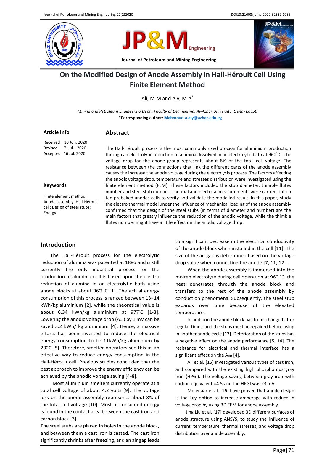 First page of On the Modified Design of Anode Assembly in Hall-Héroult Cell Using Finite Element Method