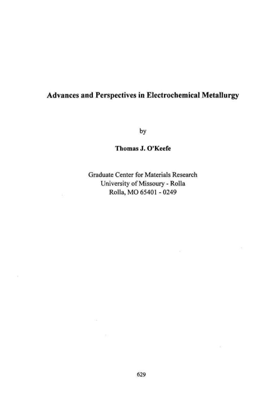 First page of 816   Thomas J. OKeefe   Advances and Perspectives in Electrochemical Metallurgy