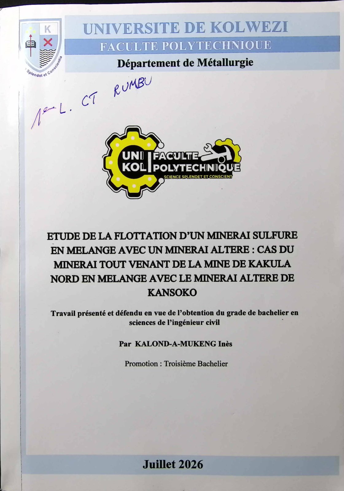 First page of ETUDE DE LA FLOTTAION D’UN MINERAI SULFURE EN MELANGE AVEC UN MINERAI ALTERE : CAS DU MINERAI TOUT VENANT DE LA MINE DE KAKULA NORD EN MELANGE AVEC LE MINERAI ALTERE DE KANSOKO