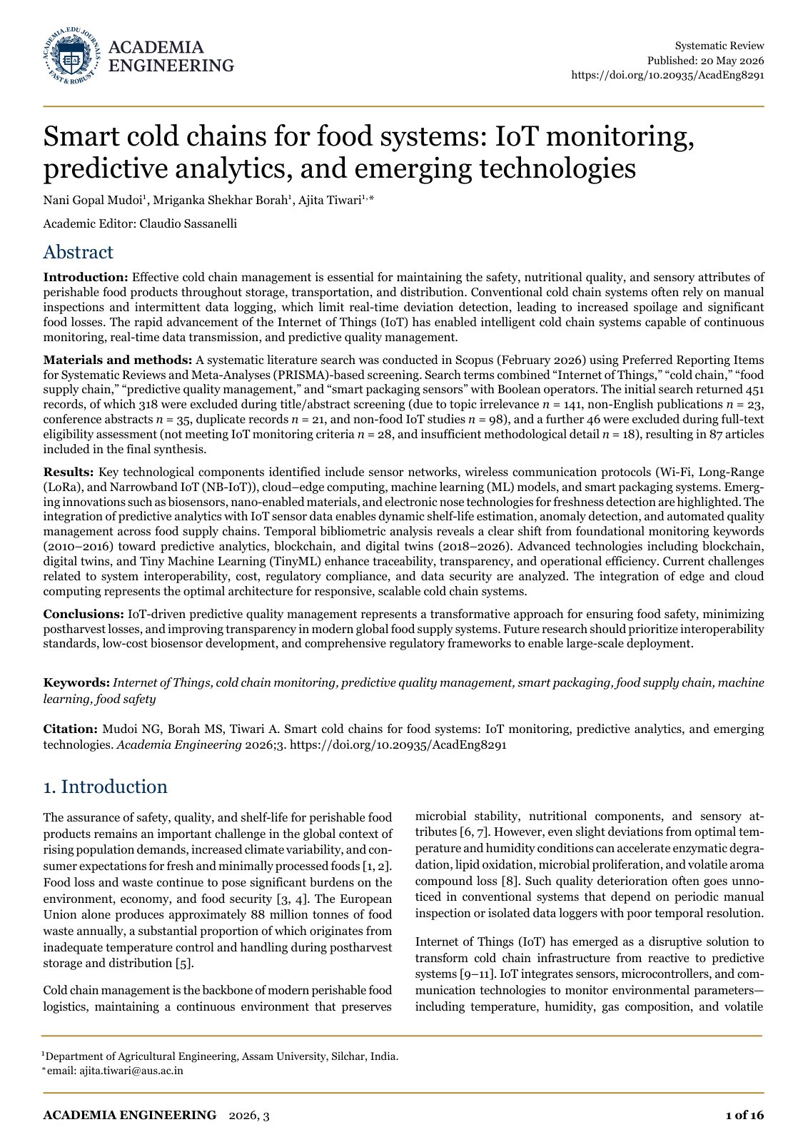 First page of Smart cold chains for food systems: IoT monitoring, predictive analytics, and emerging technologies