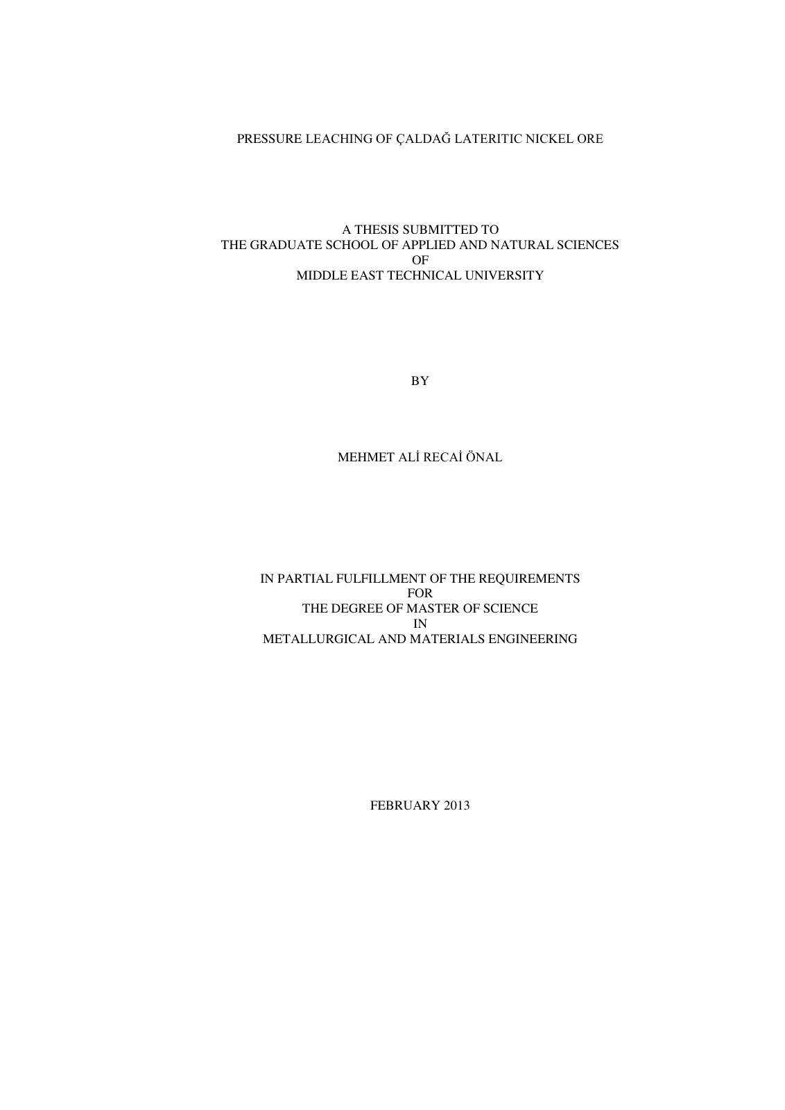 First page of PRESSURE LEACHING OF ÇALDAĞ LATERITIC NICKEL ORE