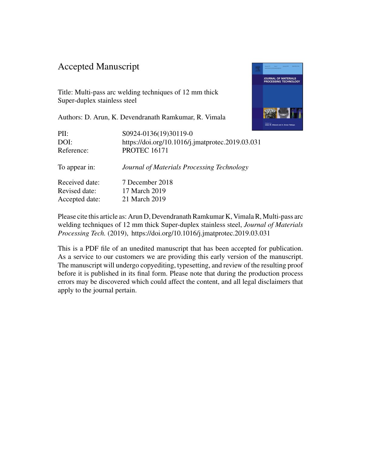 First page of Multi-pass arc welding techniques of 12 mm thick Super-duplex stainless steel