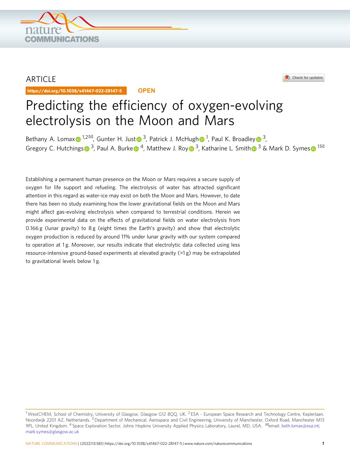 First page of Predicting the efﬁciency of oxygen-evolving electrolysis on the Moon and Mars