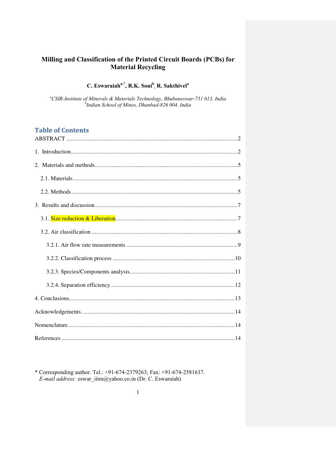 First page of Milling and Classification of Printed Ci