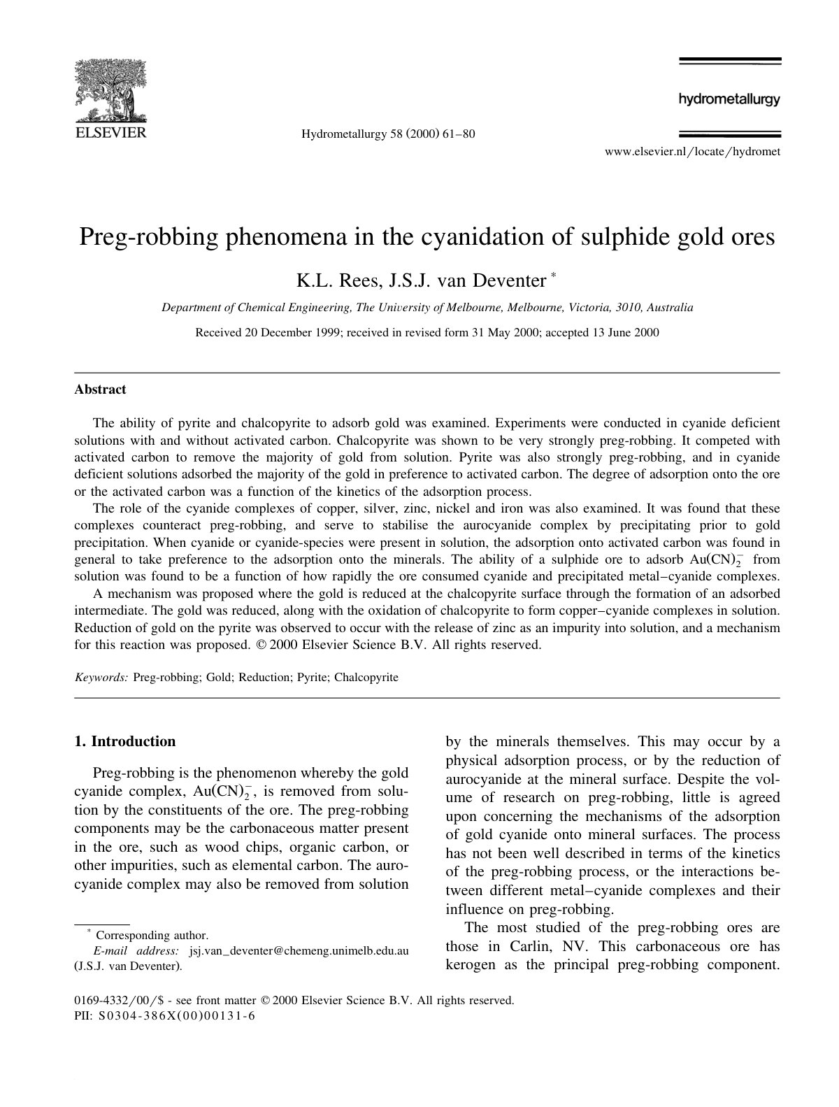First page of Preg-robbing phenomena in the cyanidation of sulphide gold ores