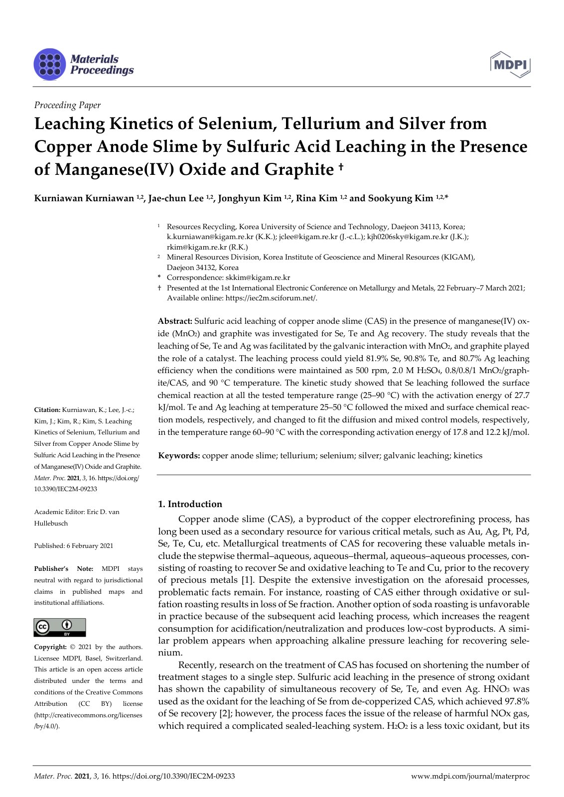 First page of Leaching Kinetics of Selenium Tellurium