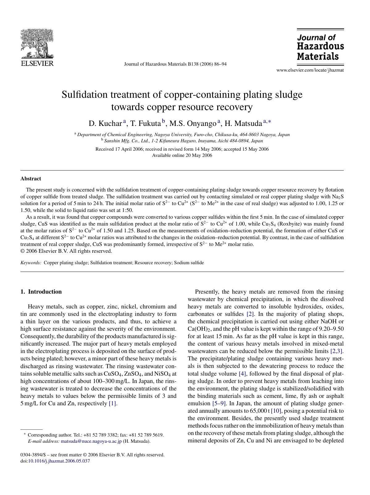 First page of Sulﬁdation treatment of copper-containing plating sludge towards copper resource recovery