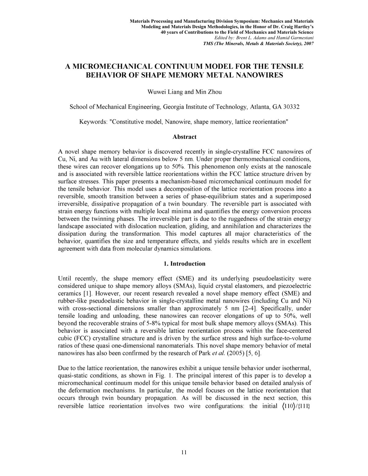 First page of A micromechanical continuum model for the tensile behavior of shape memory metal nanowires