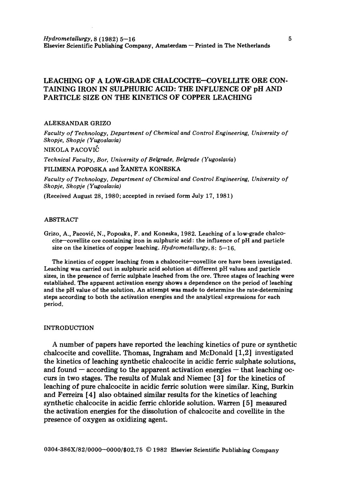 First page of LEACHING OF A LOW-GRADE CHALCOCITE--COVELLITE ORE CONTAINING IRON IN SULPHURIC ACID: THE INFLUENCE OF pH AND PARTICLE SIZE ON THE KINETICS OF COPPER LEACHING