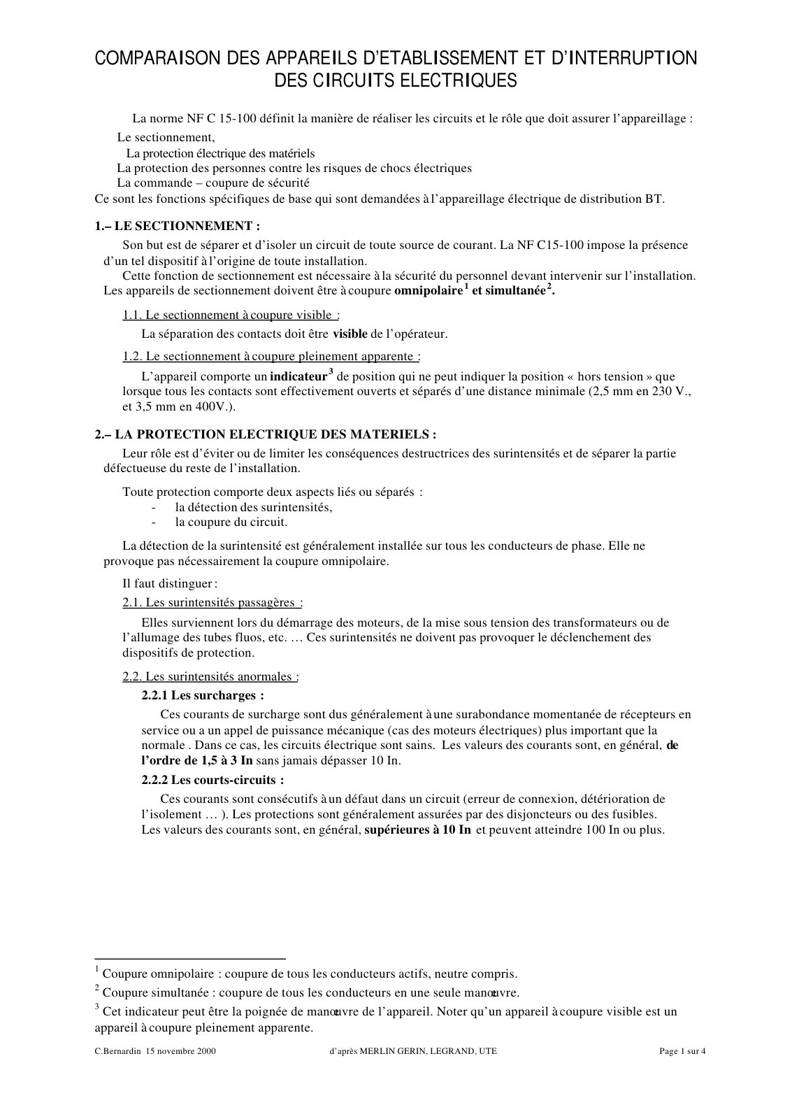 First page of COMPARAISON DES APPAREILS D’ETABLISSEMENT ET D’INTERRUPTION DES CIRCUITS ELECTRIQUES