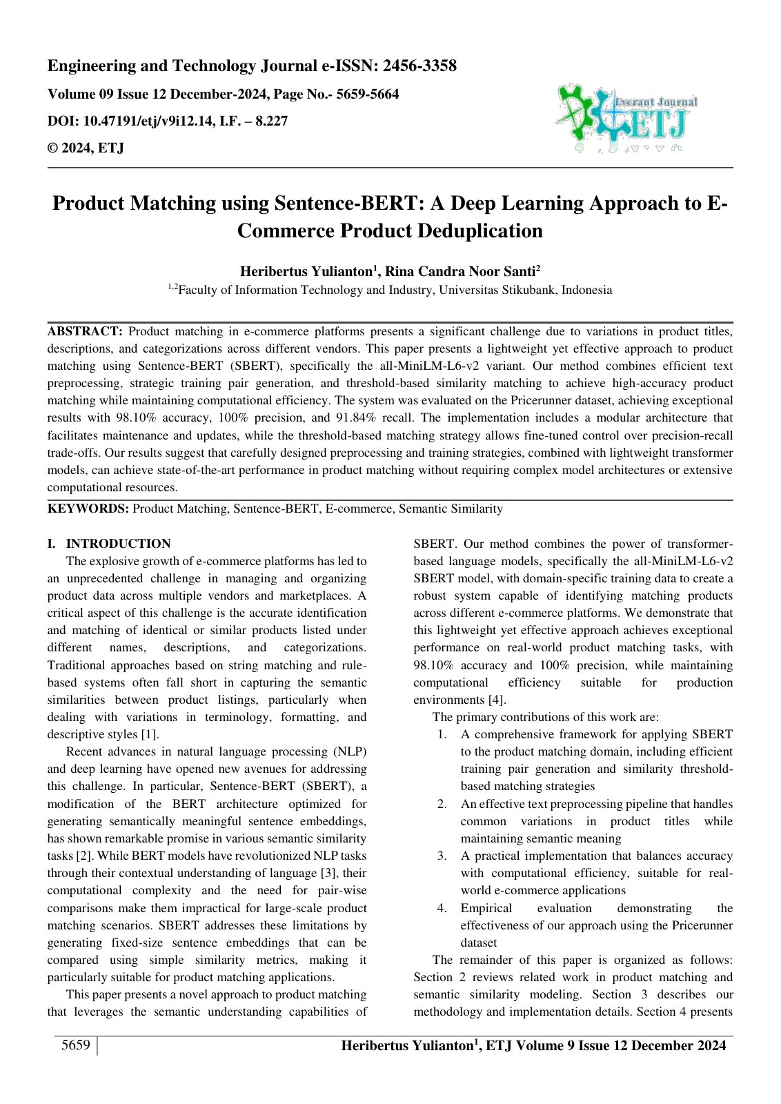 First page of Product Matching using Sentence BERT A Deep Learning Approach to E