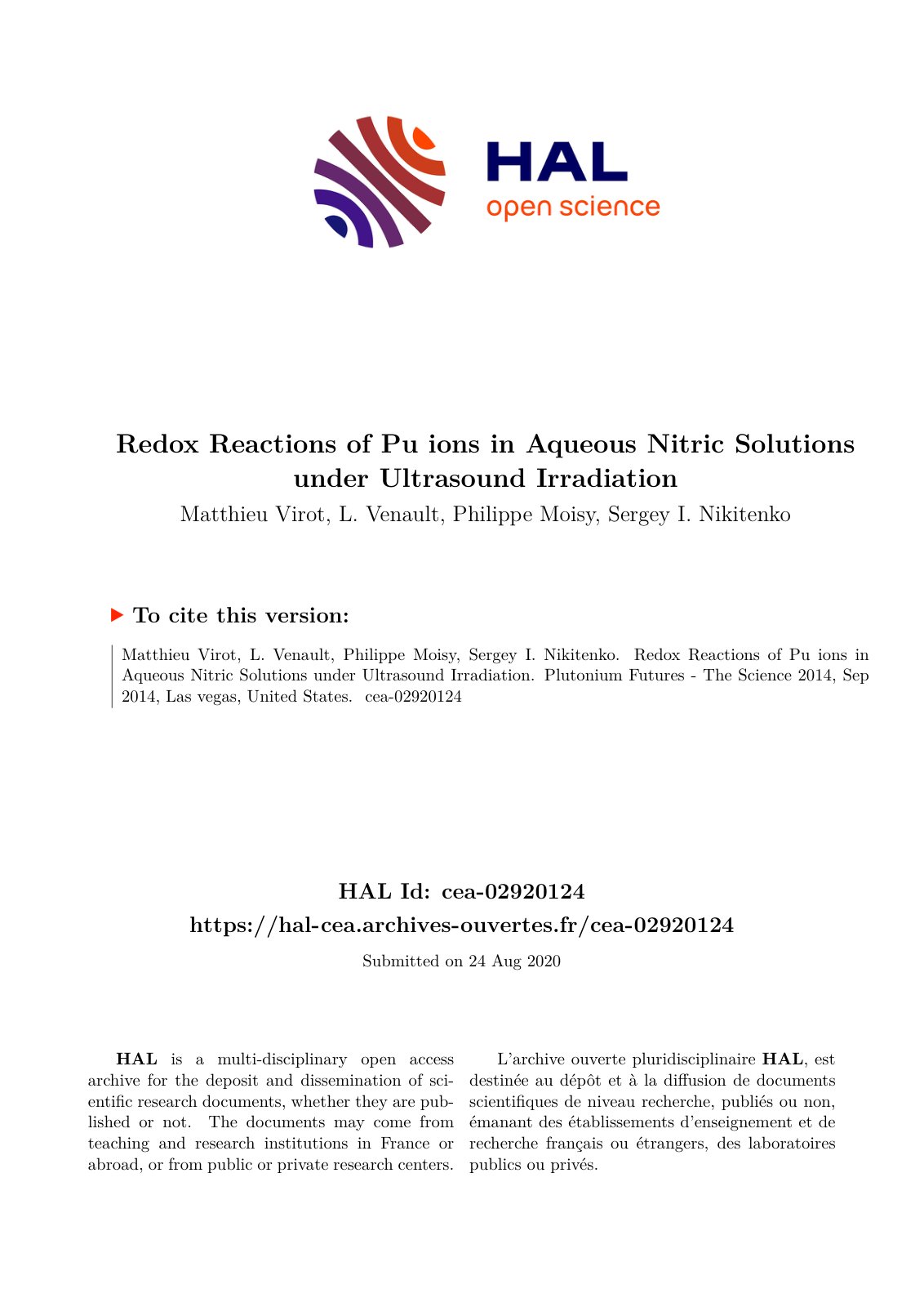 First page of Redox Reactions of Pu ions in Aqueous Nitric Solutions under Ultrasound Irradiation