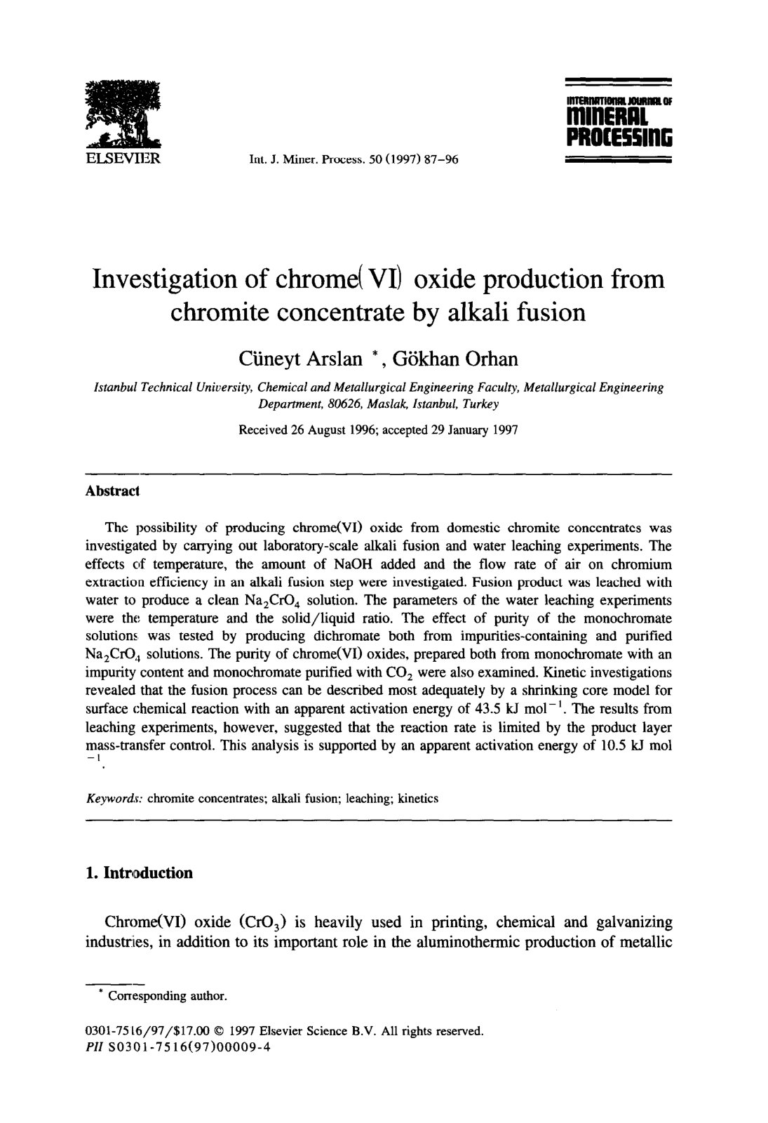 First page of Investigation of chrome( VI) oxide production from chromite concentrate by alkali fusion